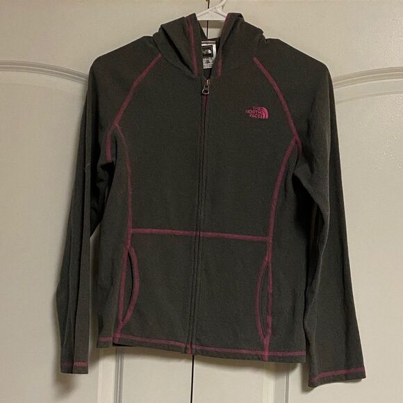 North Face gray pink full zip fleece hoodie jacket 14 16 XL - Picture 1 of 5